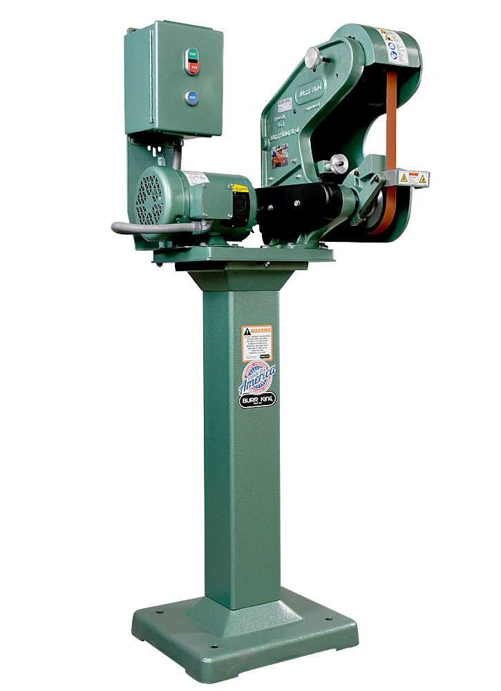 56303 Model 562 Belt Grinder / Sander shown with optional 01 pedestal.  Fixed and adjustable height pedestals are available for all Burr King grinders and polishers.